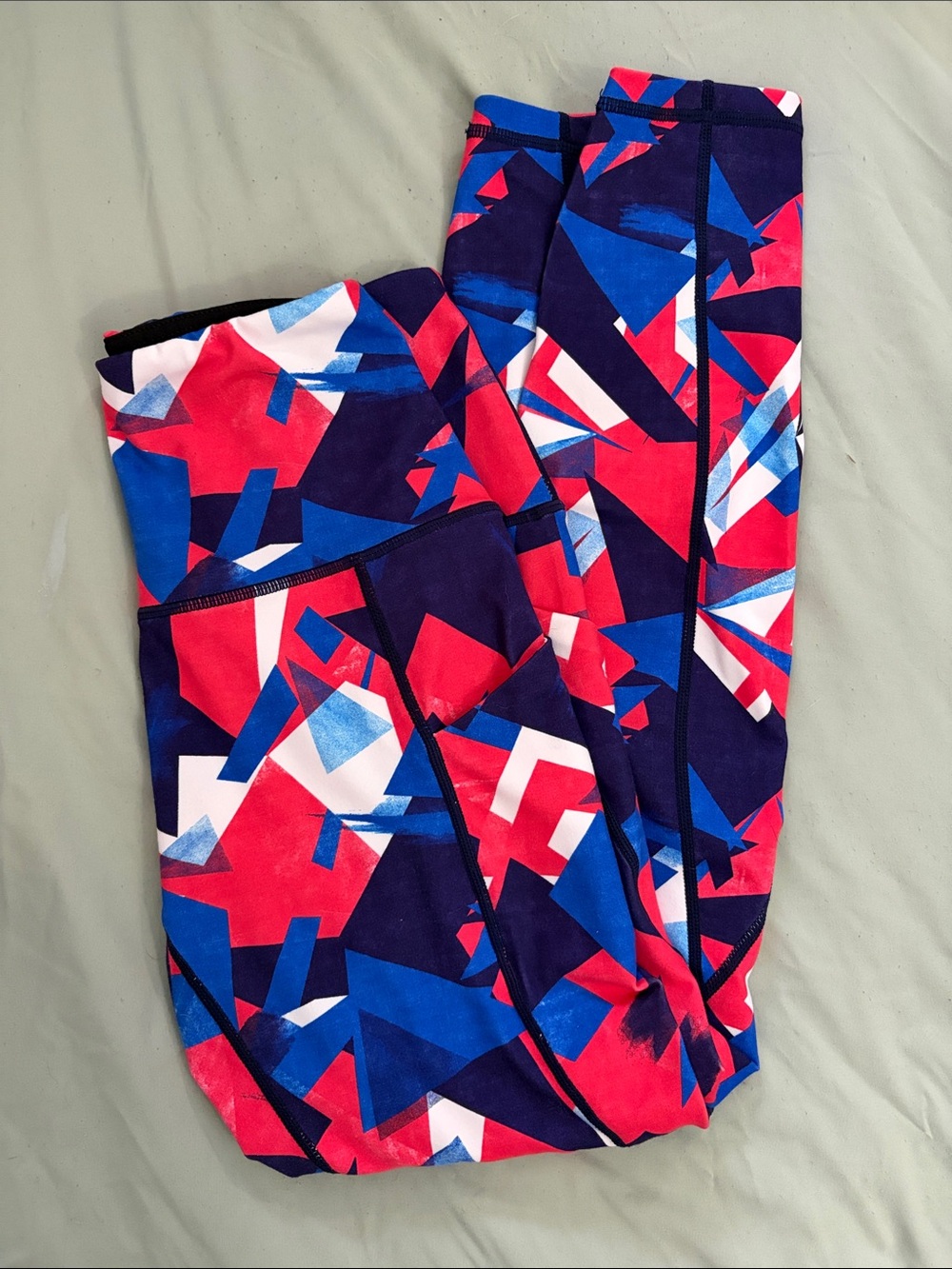 Geometric Print Workout Leggings in Red, Blue & White